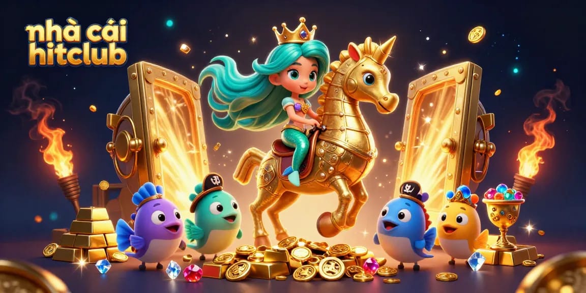 Engage with nhà cái hitclub in this vibrant casino scene featuring a mermaid princess and seahorse, surrounded by treasures.