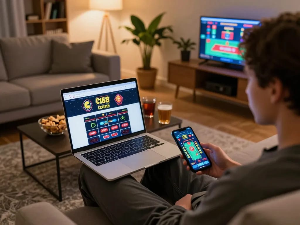 C168 online casino gaming at home, showcasing a player engaged with live dealer game