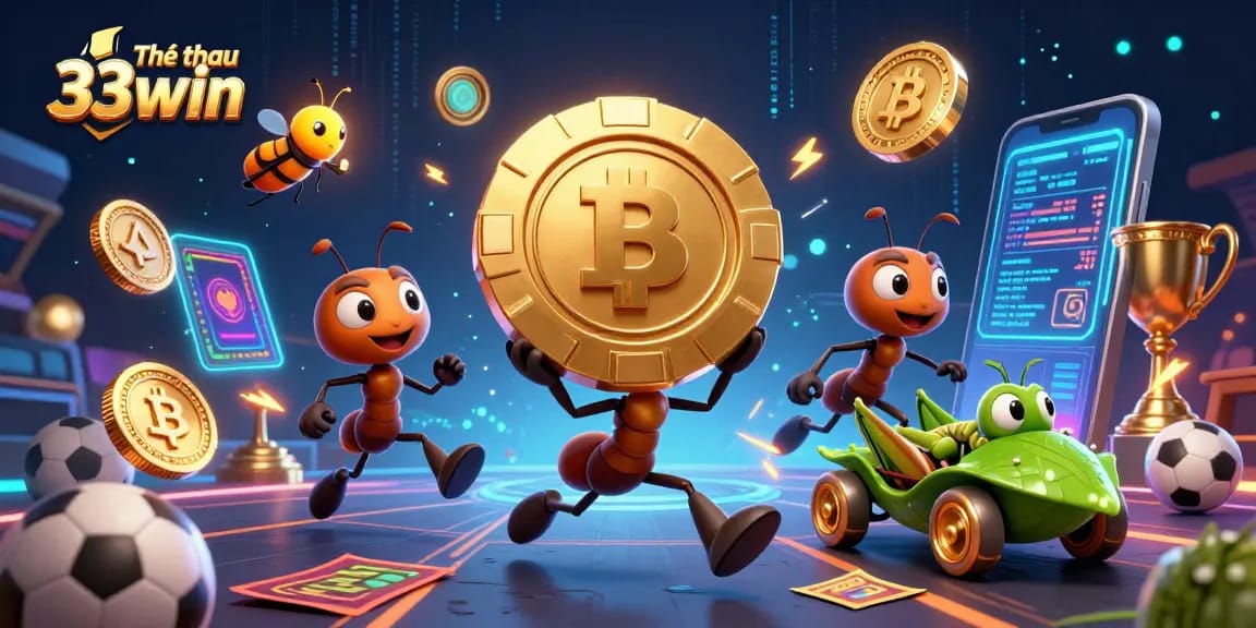 Engage with Thể thao 33win as animated ants strategize sports betting heists with golden chips and neon crypto.