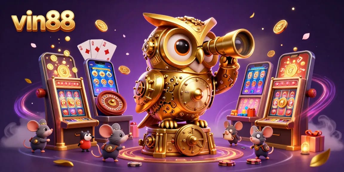 Experience thrilling gameplay with vin88's animated 3D casino scene showcasing vibrant slot games.