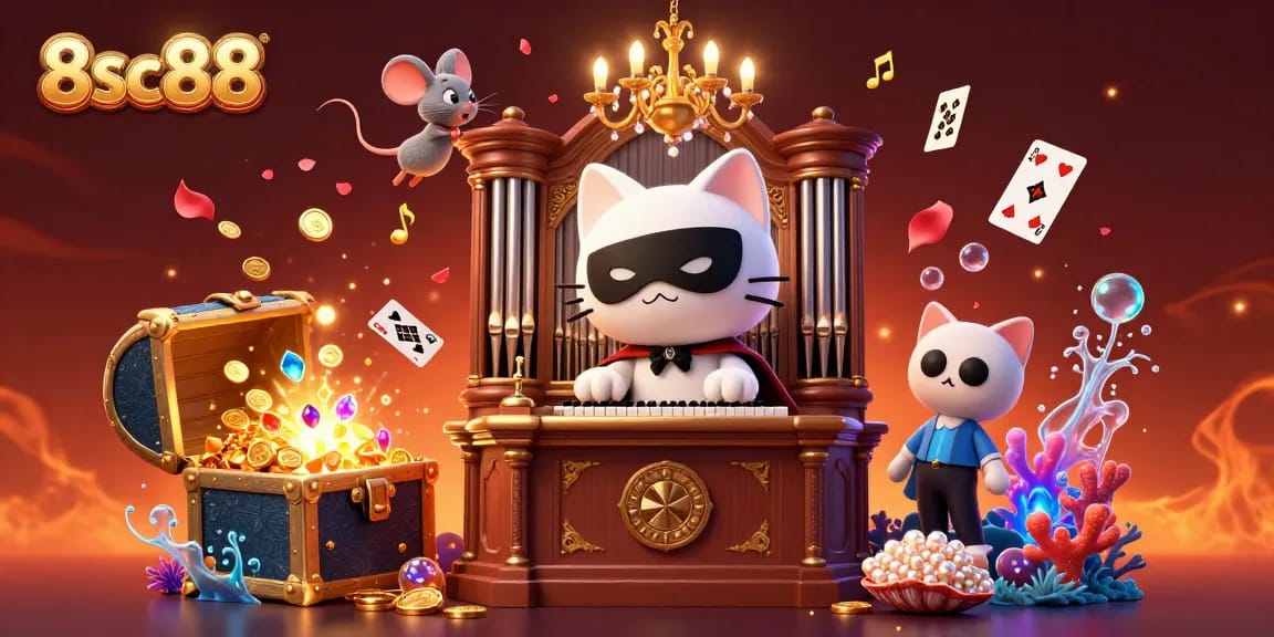 Win big at 8sc88 with a vibrant casino scene featuring a whimsical cat and dazzling game elements.