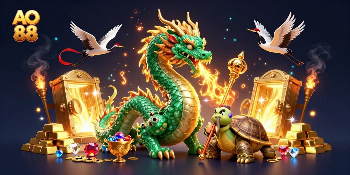 Experience the thrilling world of AO 88 with a jade dragon, turtle sage, and lucky cranes in a rich casino setting.
