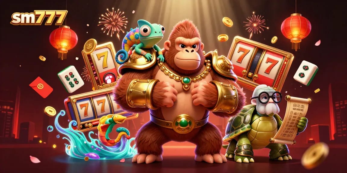 Experience sm777's exciting gaming atmosphere with a 3D gorilla king, chameleon, and tortoise amidst vibrant casino symbols.