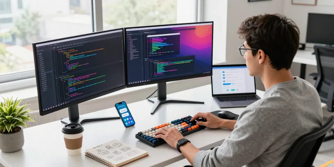 Telegram下载 in a modern tech workspace with a developer coding on multiple monitors.