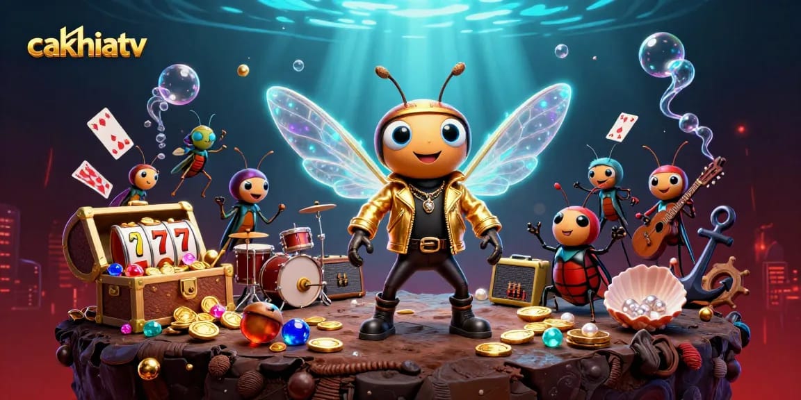 Experience exciting gameplay with cakhiatv as energetic characters surround vibrant casino elements and treasures.