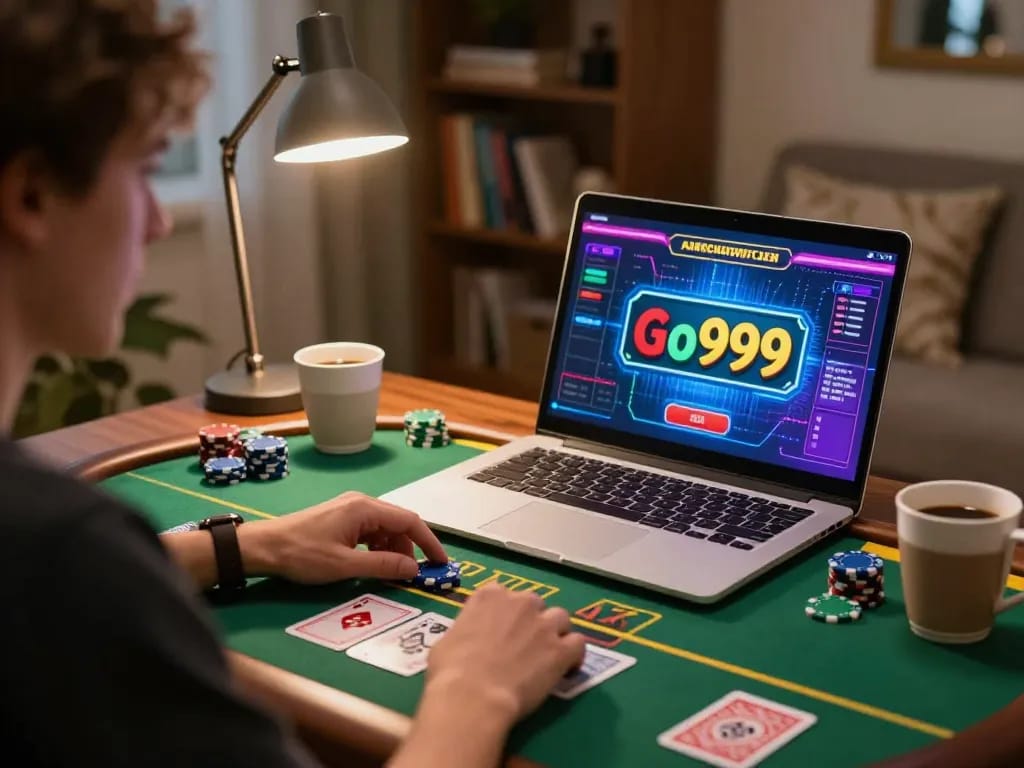 Engaging player enjoying Go999 live dealer game at home, showcasing online casino excitement
