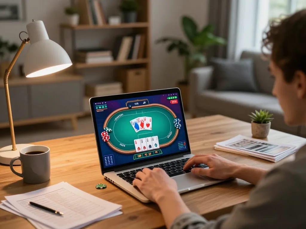 Player engaging with keonhacai online poker game on laptop in cozy living room setup