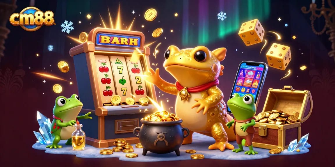 cm88 presents a vibrant casino scene with a golden salamander alchemist and exciting gaming elements.