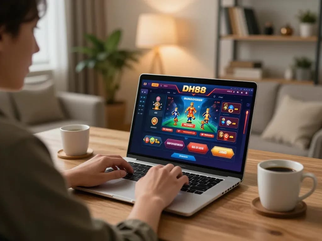 Enjoying online gaming at DH88, with a laptop displaying vibrant casino games in a cozy setup