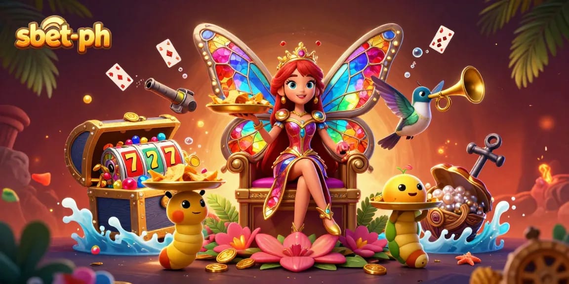 Engage with sbet-ph’s vibrant gaming world featuring a butterfly queen and dynamic casino elements.