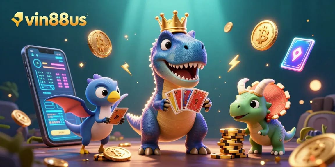 Explore the vibrant casino scene featuring vin88us with dinosaurs shuffling cards and stacking chips.