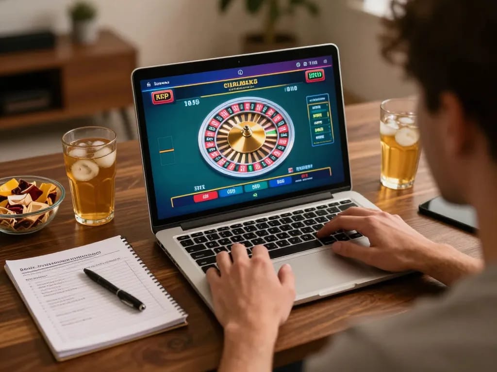 Engaging in online gambling on trang chủ go8 with a live roulette game displayed on laptop.