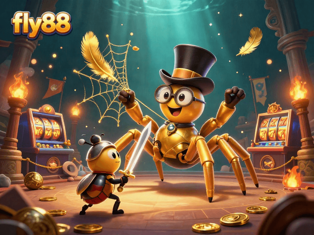 Engage with fly88 featuring a golden tarantula and beetle knight in a vibrant casino scene.