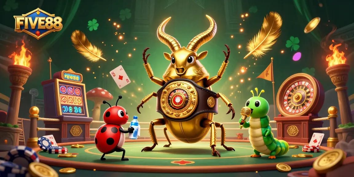 Experience the excitement of FIVE88 with a dynamic casino-themed illustration featuring unique characters.