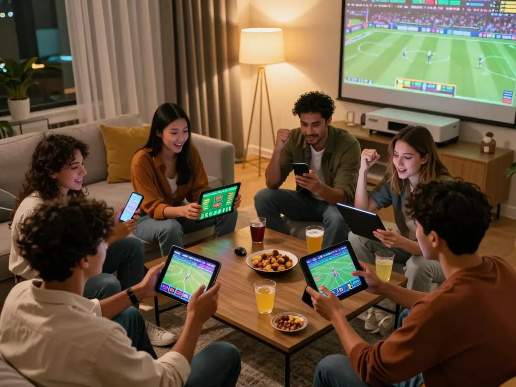 Friends betting on sports with sky88co app on smartphones in a cozy living room.