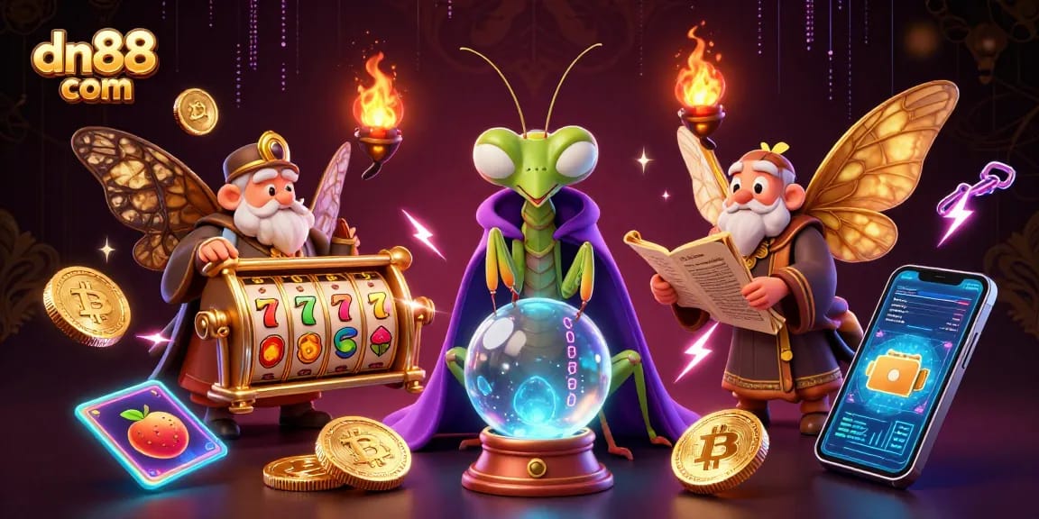 Win big at dn88 com with animated casino elements and vibrant characters in a magical setting.