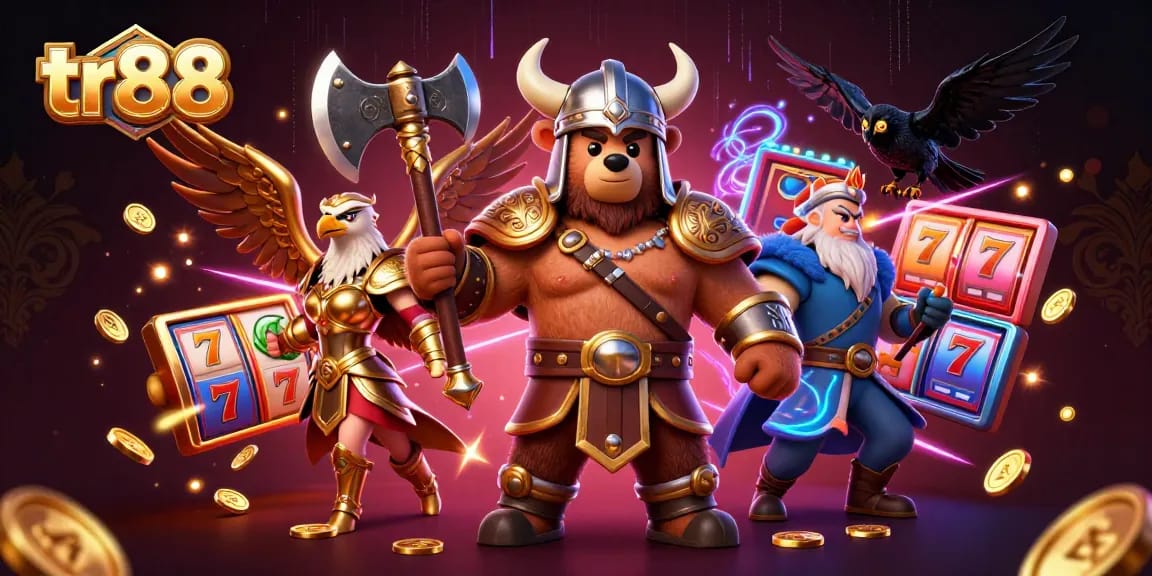 Engage with tr88's vibrant casino scene featuring a Viking bear, Valkyrie eagle, and dynamic slot elements.