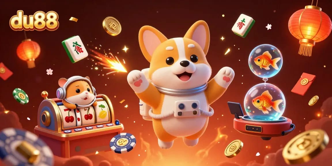 Experience thrilling gameplay at du88 with astronauts and slots in a colorful casino scene.