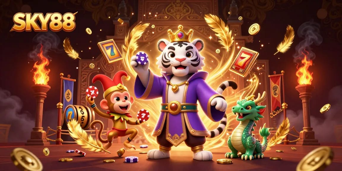 Engage in thrilling gaming experiences with SKY88 featuring an elegant tiger and playful monkey in a vibrant casino environment.