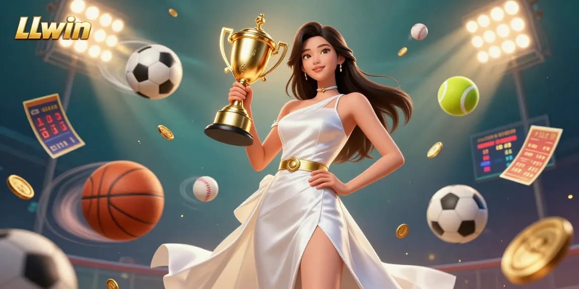 Experience the thrill of LLwin with a victorious Asian woman in a dazzling casino scene, celebrating your winning bets.