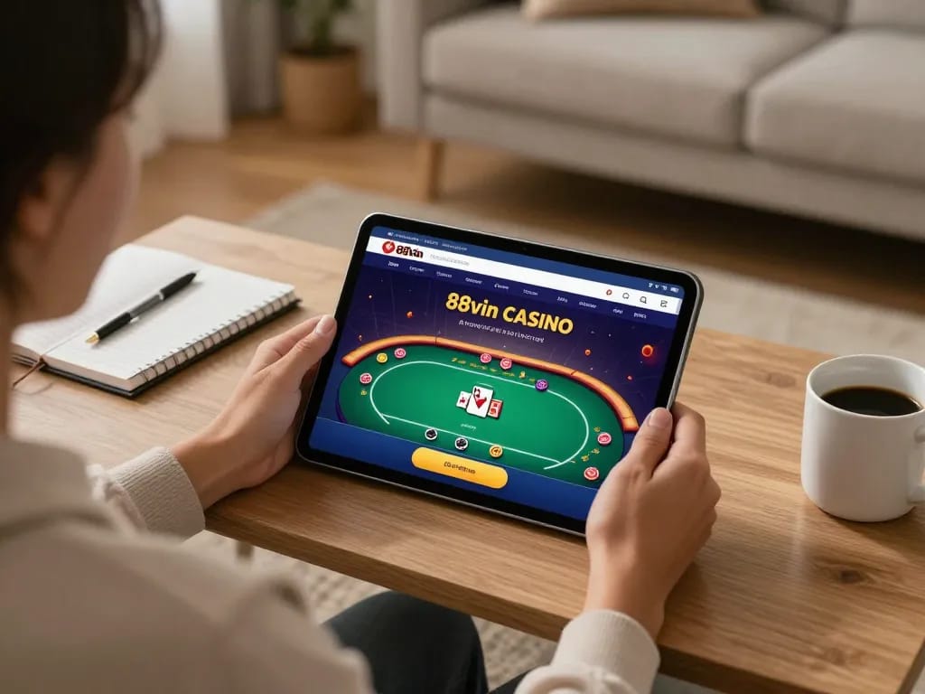 Engaging gameplay on link 88vin casino app with a person using a tablet in a cozy home environment