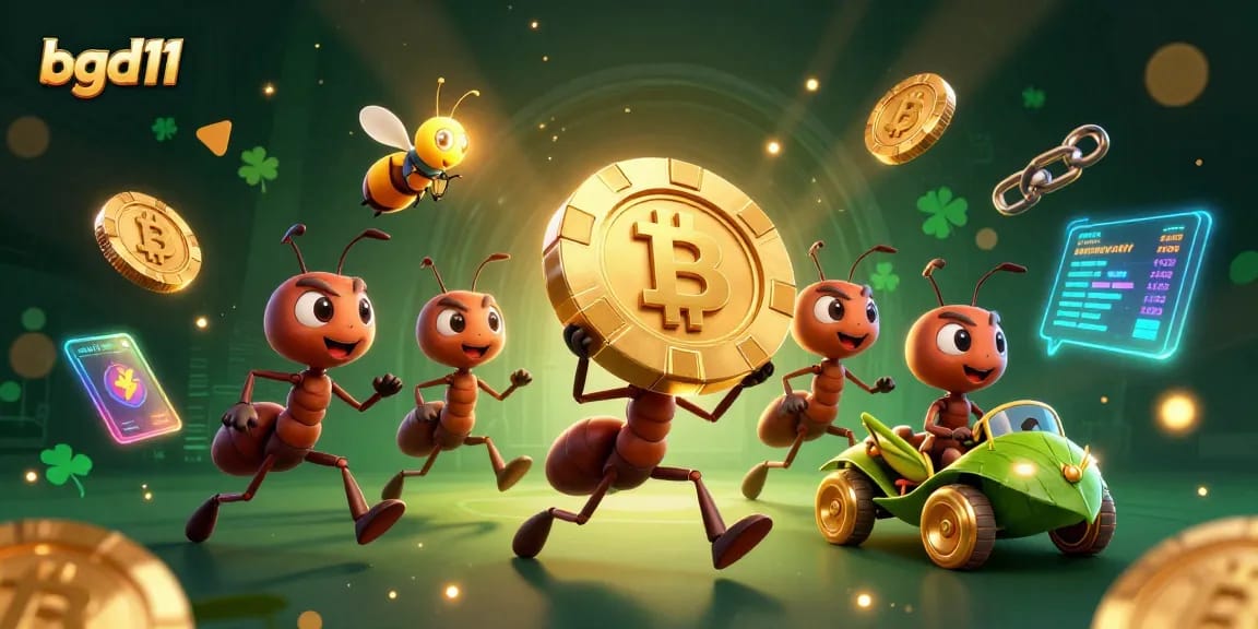 bgd11 team of ants executes a heist with a giant poker chip amidst glowing crypto elements