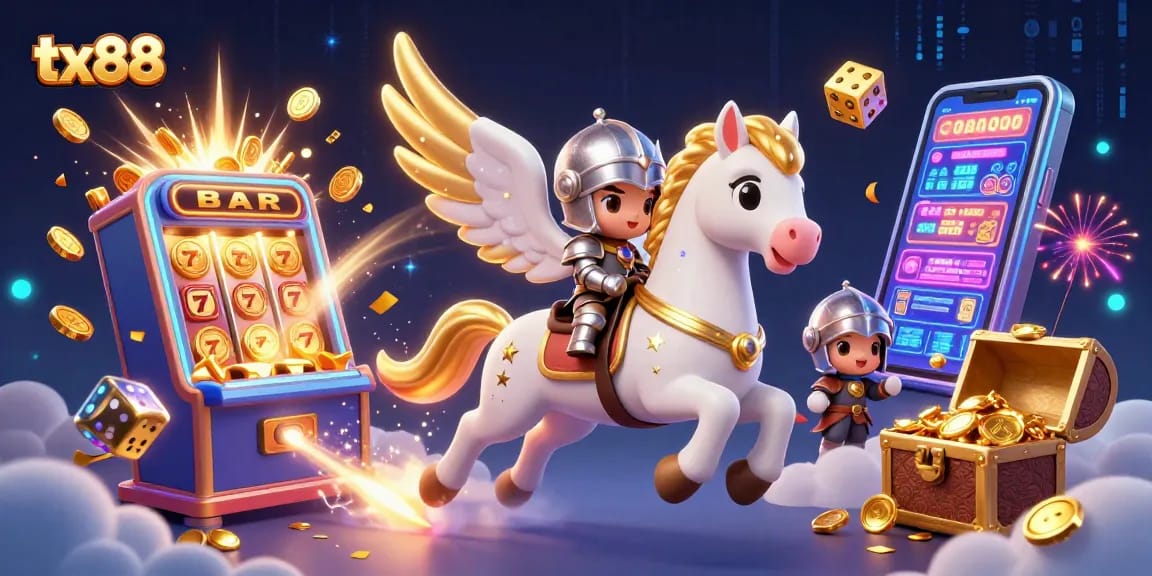 Experience thrilling jackpots at tx88 with a cartoon knight riding a celestial horse!