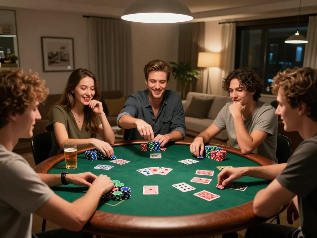 Friends enjoying a lively poker game at home with poker chips and cards, reflecting the excitement of hz88 gaming.