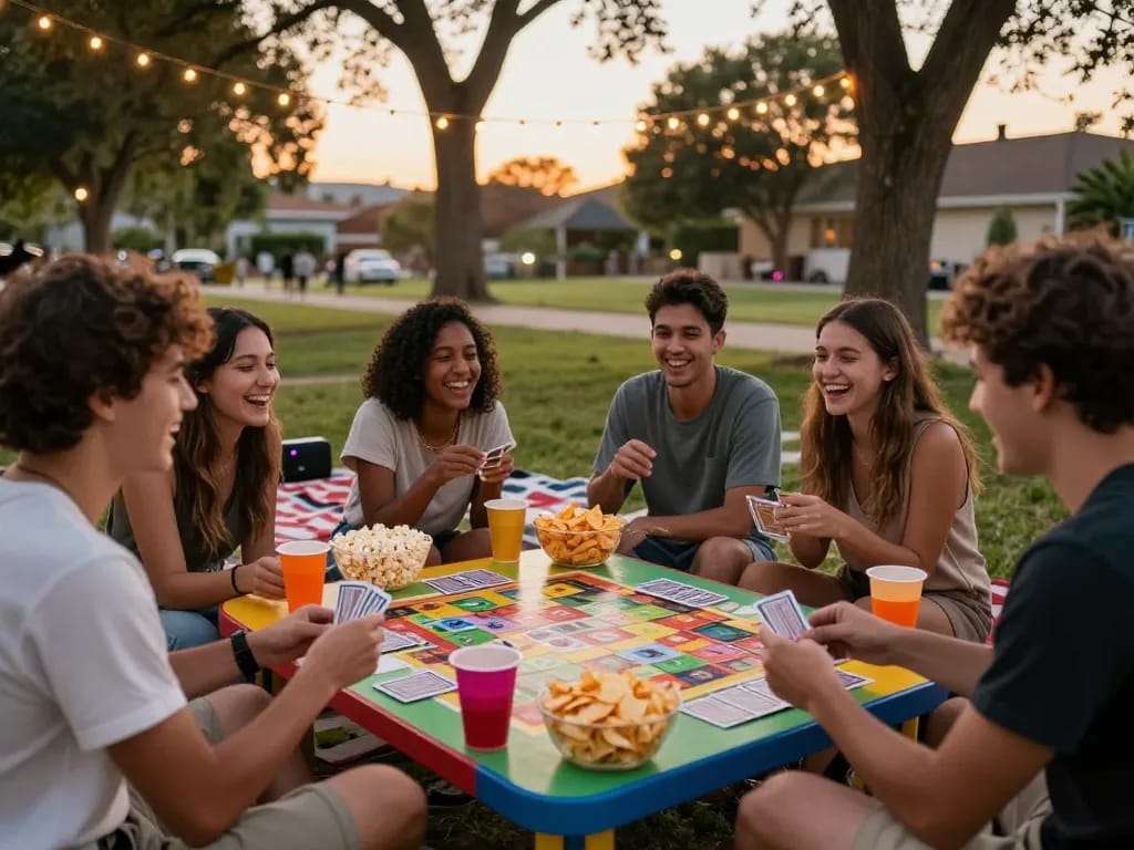 Five88 gaming scene with friends playing card games outdoors, vibrant atmosphere.
