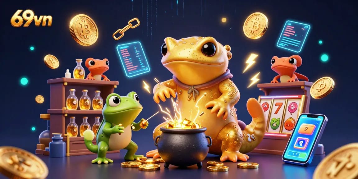 Experience the magic of 69vn casino games with an alchemist conjuring gold in a vibrant digital tableau.