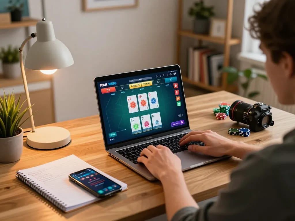 Engaging in game ok8386 online poker from a cozy home setup with strategy notes nearby