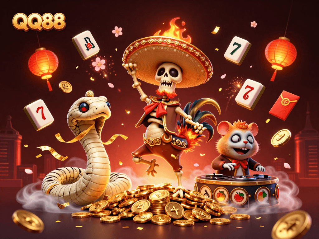 Experience thrilling gameplay with QQ88 as a 3D mariachi rooster dances among golden treasures.