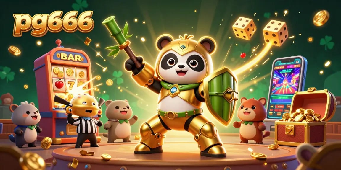 Experience the excitement of pg666 casino with a golden panda piloting a robot amidst a jackpot explosion.