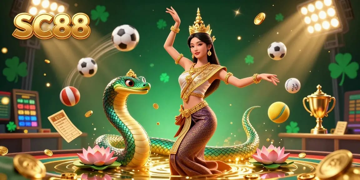 Experience thrilling sports betting action with SC88 as a graceful Asian dancer and Naga serpent shine in a vibrant 3D casino scene.