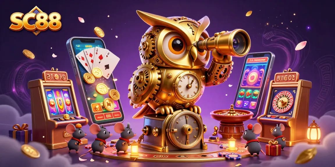 Experience thrilling wins at SC88 with a golden owl overseeing captivating casino action.