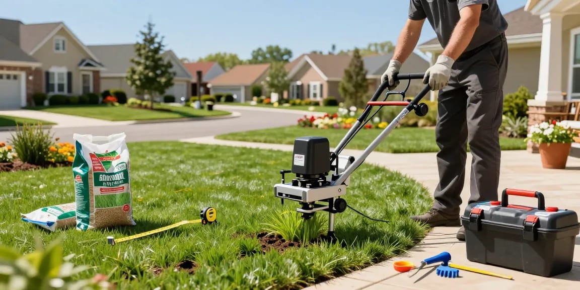 Slit seeding ottawa by a professional technician in a suburban lawn setting.