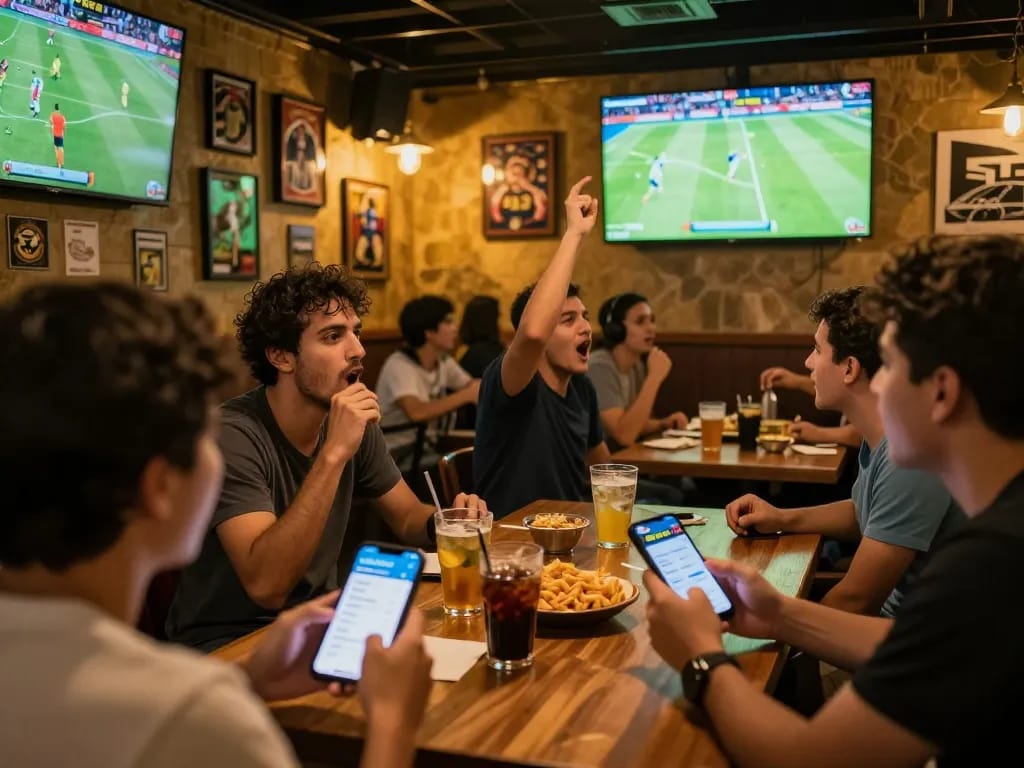 Fans engaging with xoilactv app at a vibrant sports bar during a live football match.