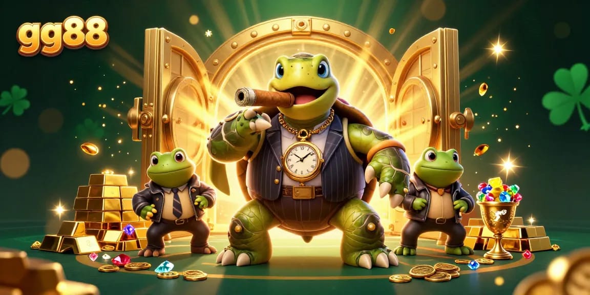 Experience the thrill at gg88 with an engaging casino scene featuring a snapping turtle and bullfrogs.