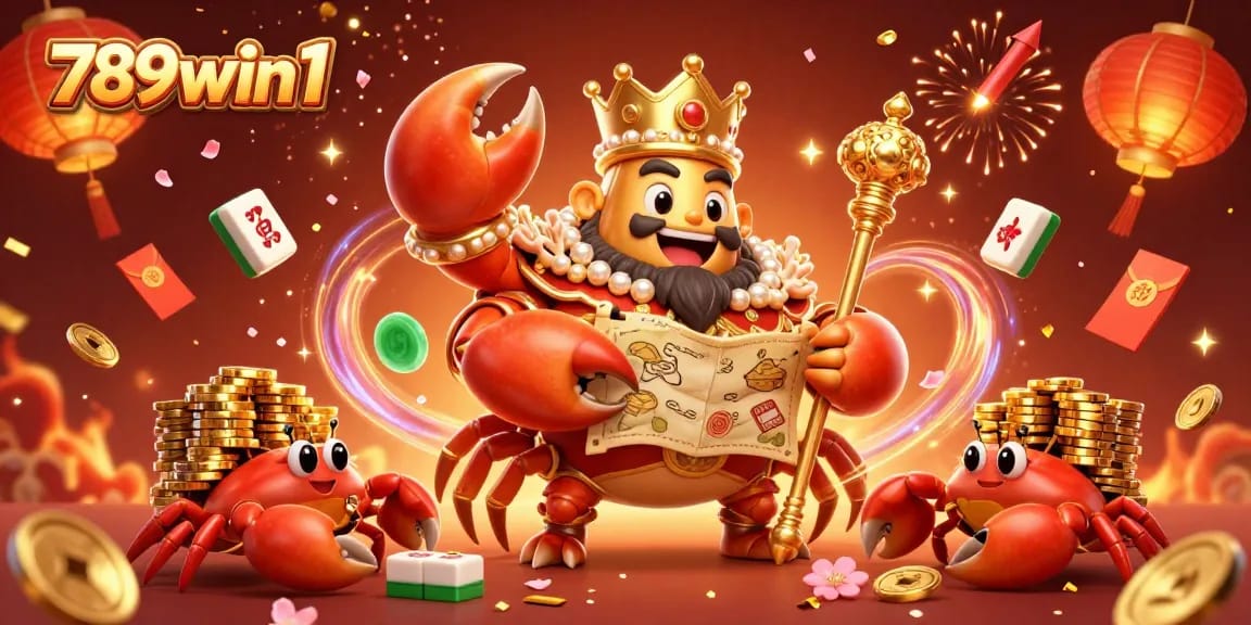 Engage in the exciting world of 789win1 with a vibrant illustration of a golden crab emperor holding treasures.