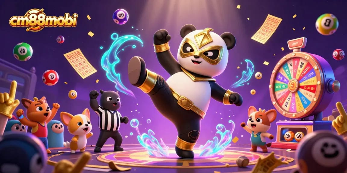 cm88mobi showcases an exciting scene with a panda wrestler and dynamic lottery elements in a vibrant casino setting.