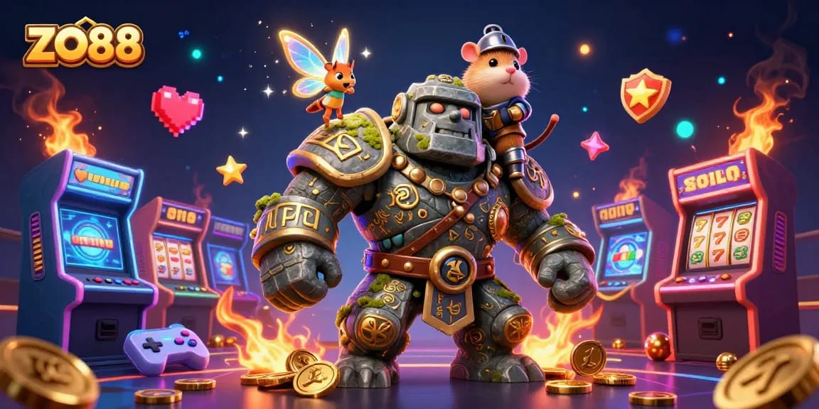 Engage with ZO88’s vibrant casino world, highlighted by a magical golem guardian and charming characters.