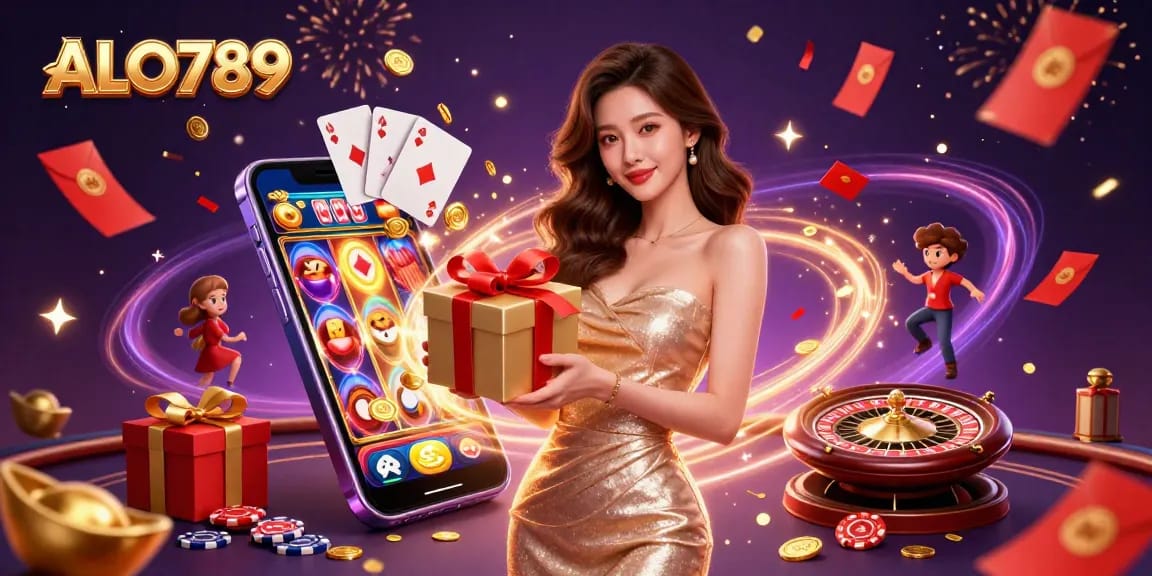Experience thrilling wins at ALO789 with vibrant casino elements and festive visuals.
