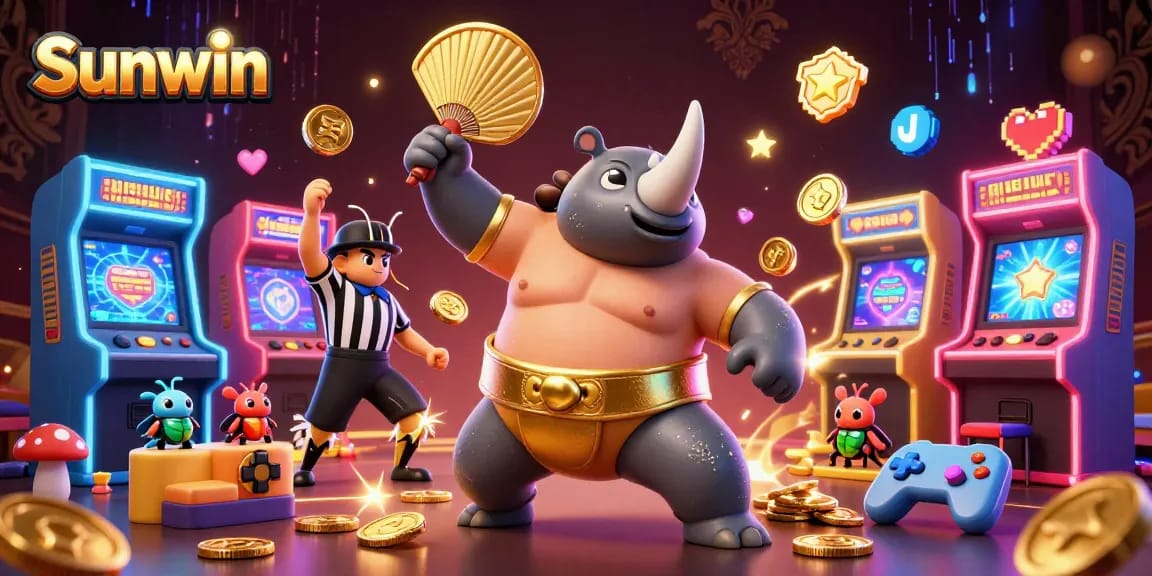 Sunwin offers exciting gameplay with a cheerful beetle champion surrounded by colorful arcade elements.