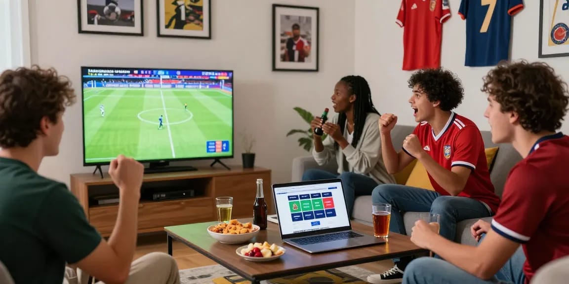 Grup teman merayakan taruhan sbobet di ruang tamu modern sambil menyaksikan pertandingan sepak bola.