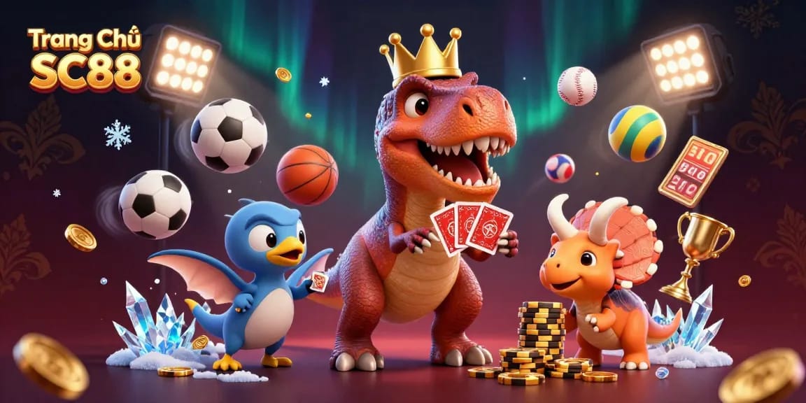 Engaging scene with Trang Chủ SC88 featuring a T-Rex shuffling cards and sports betting elements