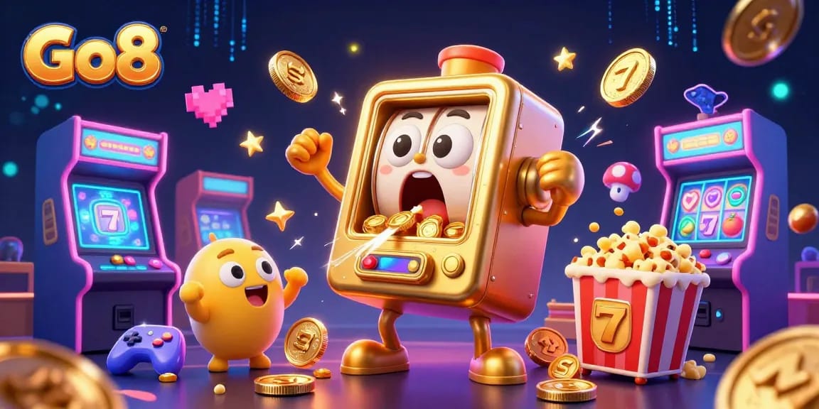 Celebrate jackpots with Go8's lively 3D slot machine scene overflowing with coins and cheering characters.