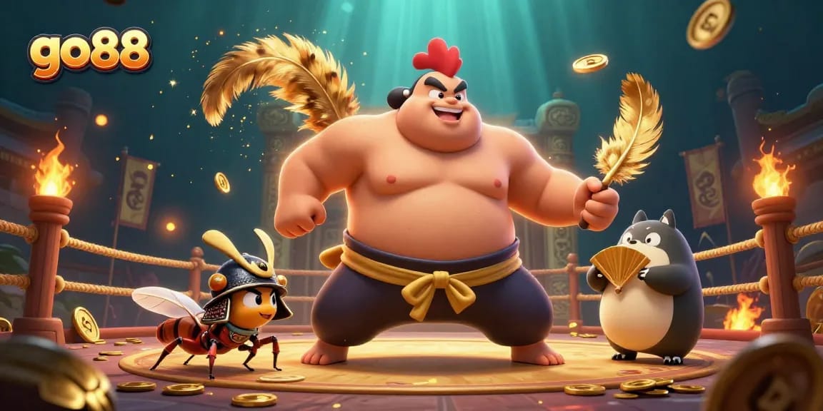 Experience the excitement of go88 with a dynamic 3D illustration featuring a powerful sumo wrestler and fierce competitors.