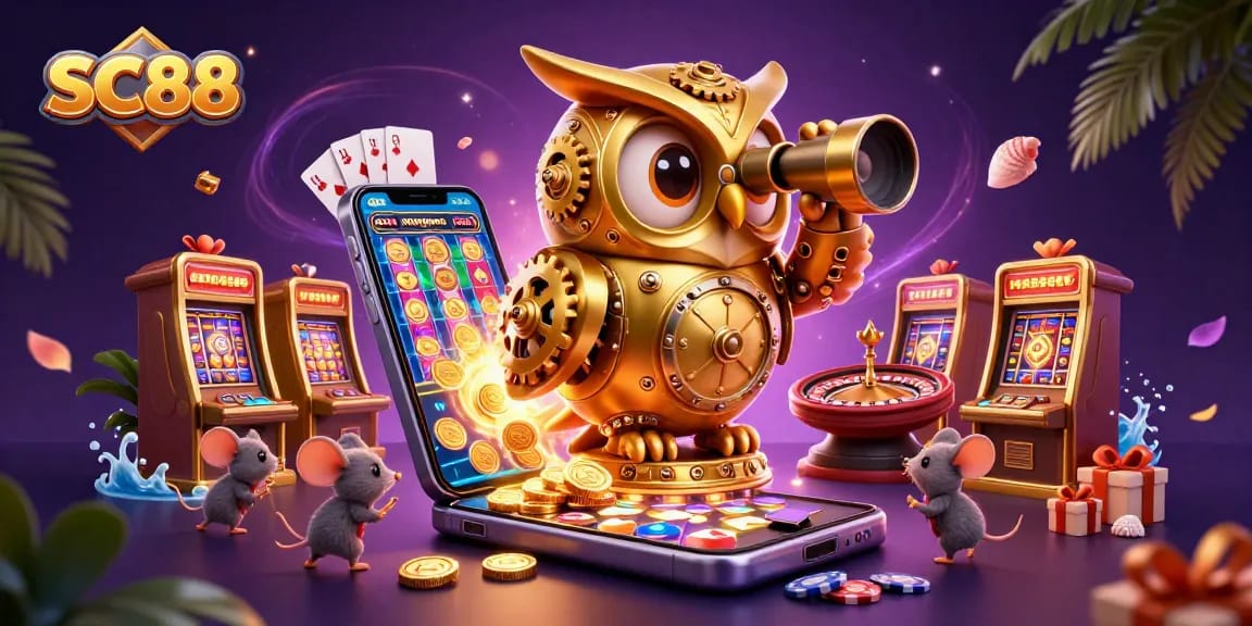 Engage with SC88's vibrant casino world featuring a clockwork owl and lively game elements.