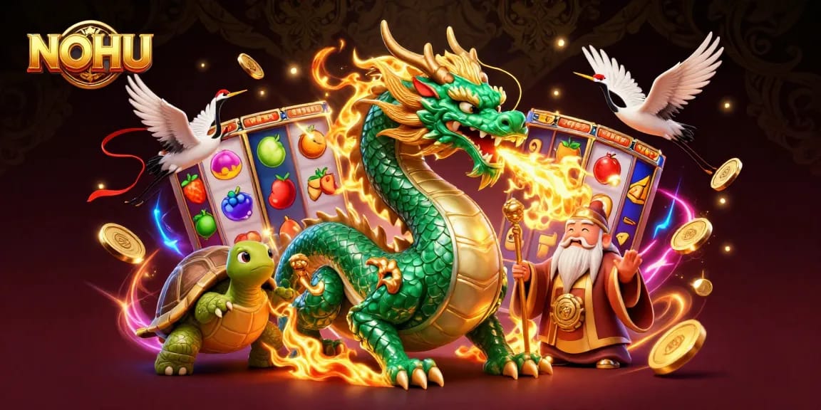 Experience thrilling NOHU gameplay with a jade dragon, turtle sage, and lucky cranes amidst vibrant slot game elements.