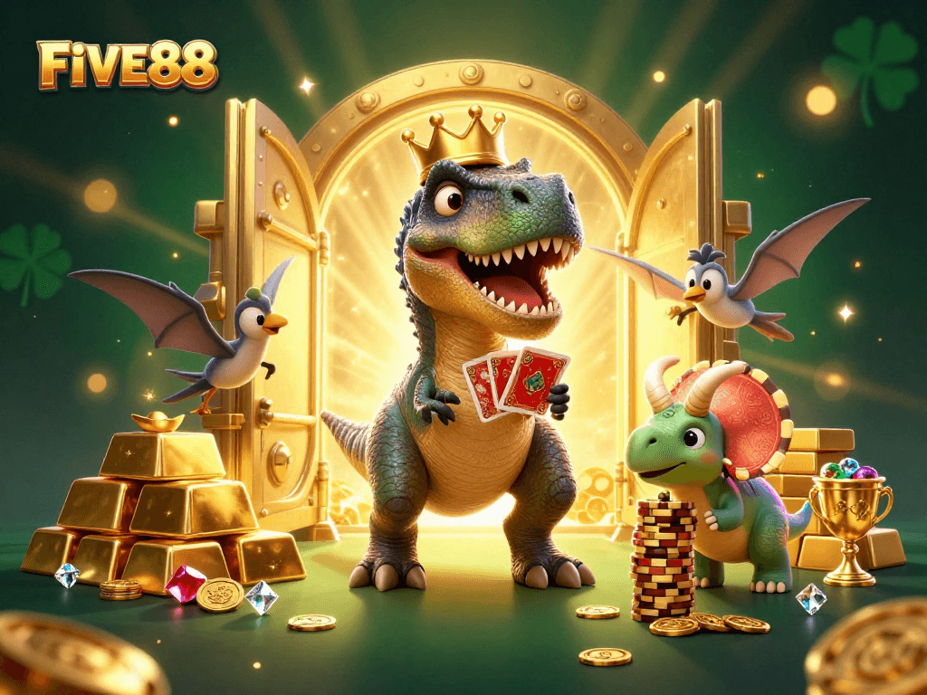 Engage in thrilling gameplay at FIVE88 with our lively dinosaur-themed casino scene packed with gold and treasures.
